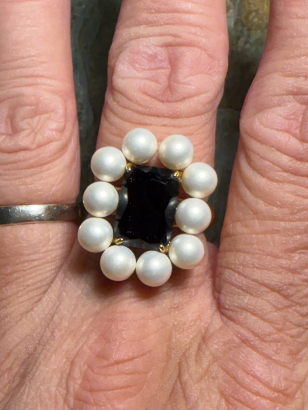 J. Crew Black Stone and Pearl Halo Ring 8.5